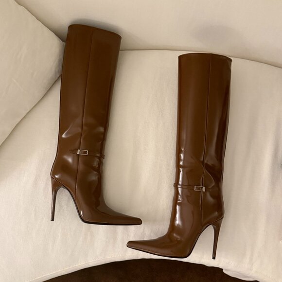 Vendôme buckled glossed-leather knee boots Brown - Picture 2 of 9